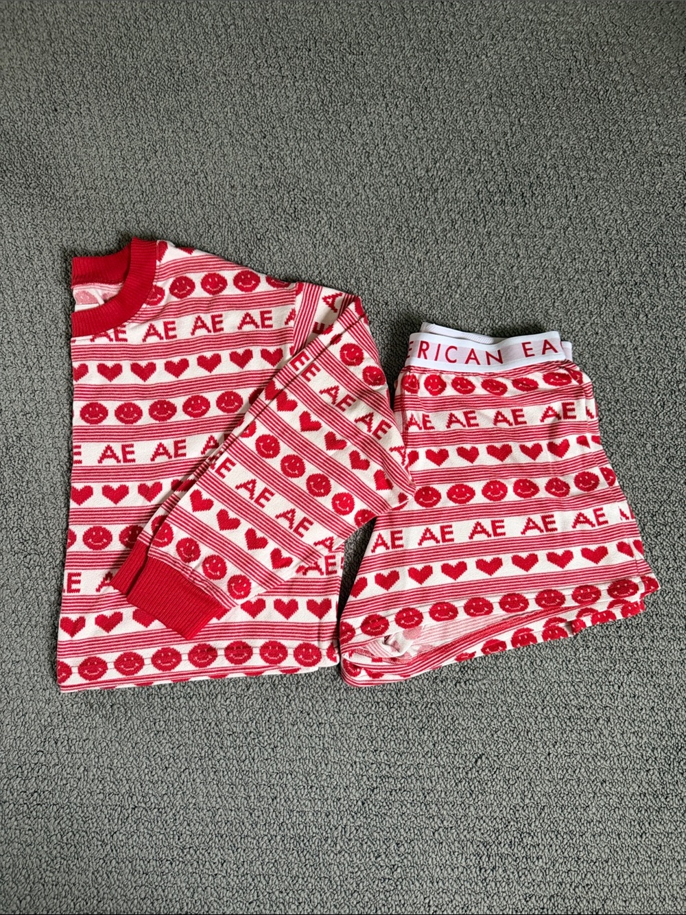 American Eagle Outfitters Red & White Heart and Smiley Pajama Set
